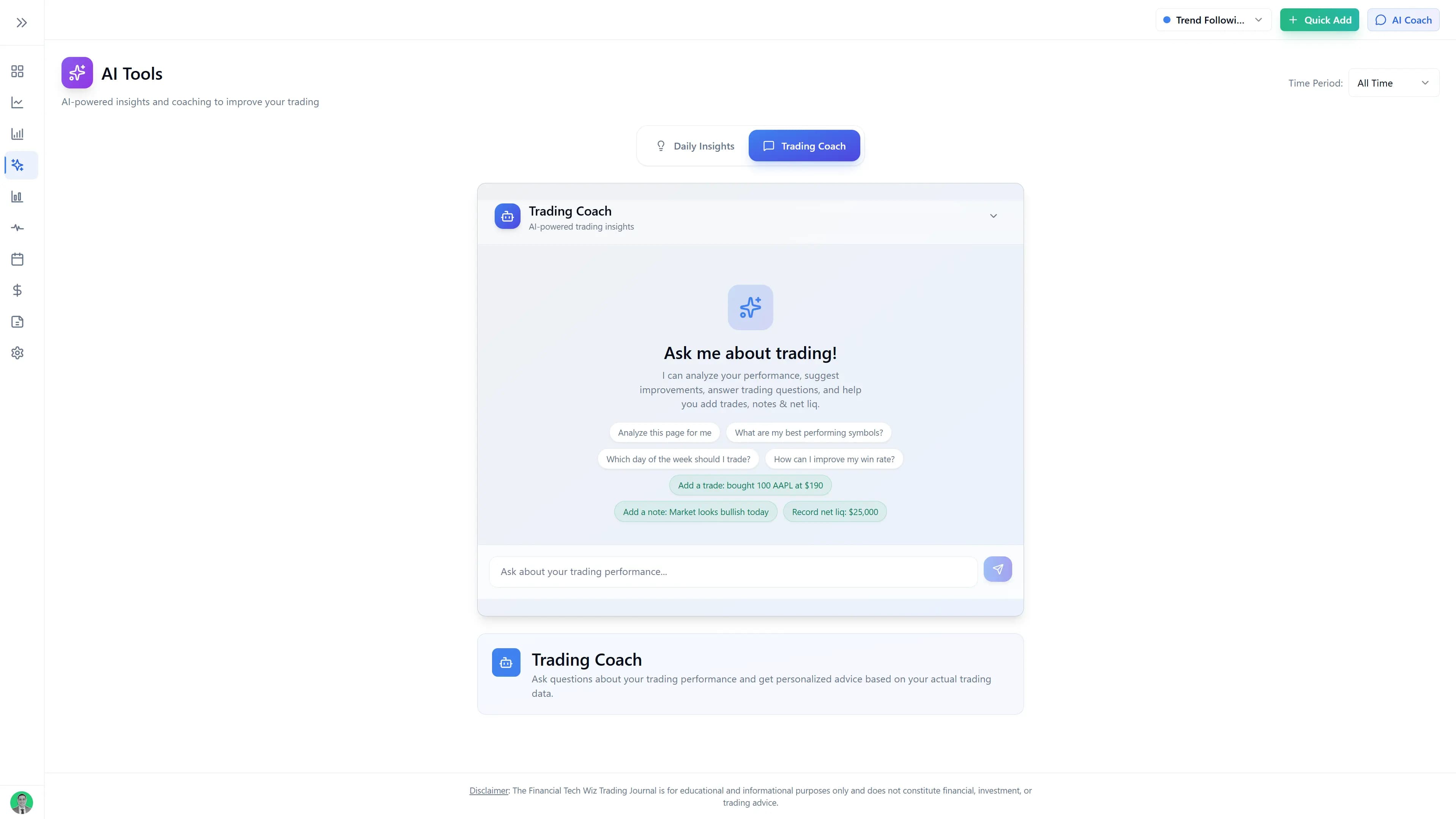 Financial Tech Wiz AI Trading Coach interface